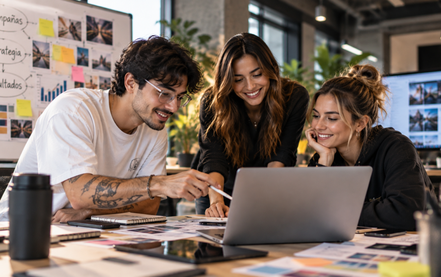Equipo de Surikata revisando campañas digitales en un portátil junto a una pizarra de planificación