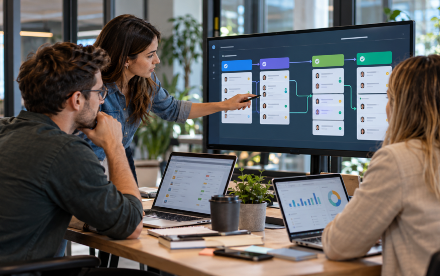 Equipo revisando en pantalla el flujo automatizado de un proceso comercial