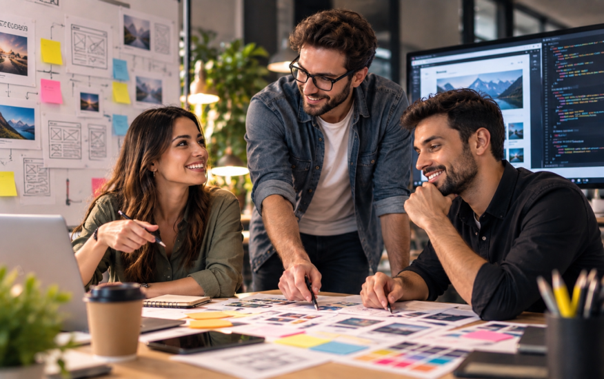 Equipo de Surikata revisando wireframes y diseños de un sitio web junto a una pantalla con código