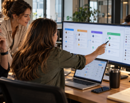 Equipo analizando un tablero de seguimiento automatizado en el computador