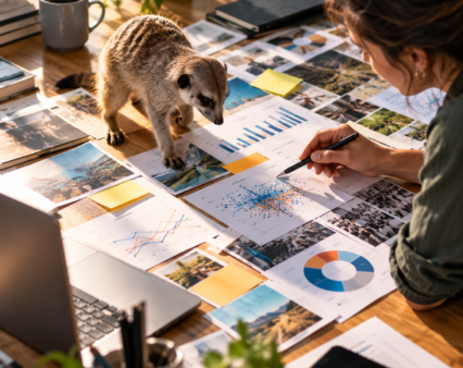 Suricata sobre una mesa con gráficos impresos mientras una persona toma notas del análisis