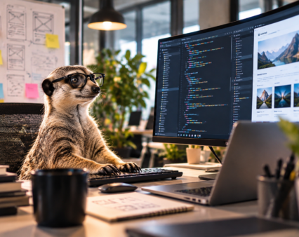 Suricata con lentes programando un sitio web frente a un monitor con código y la vista previa de la página