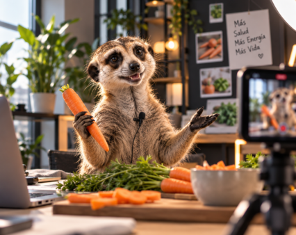 Suricata grabando un video con zanahorias frente a una cámara para una campaña en redes sociales