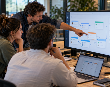 Equipo revisando las etapas de una automatización conectada entre herramientas