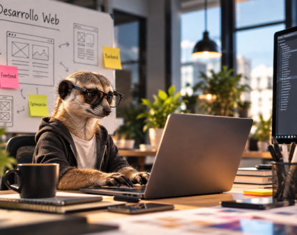 Suricata trabajando en un portátil frente a una pizarra con el flujo de UX/UI, frontend y backend de un proyecto web