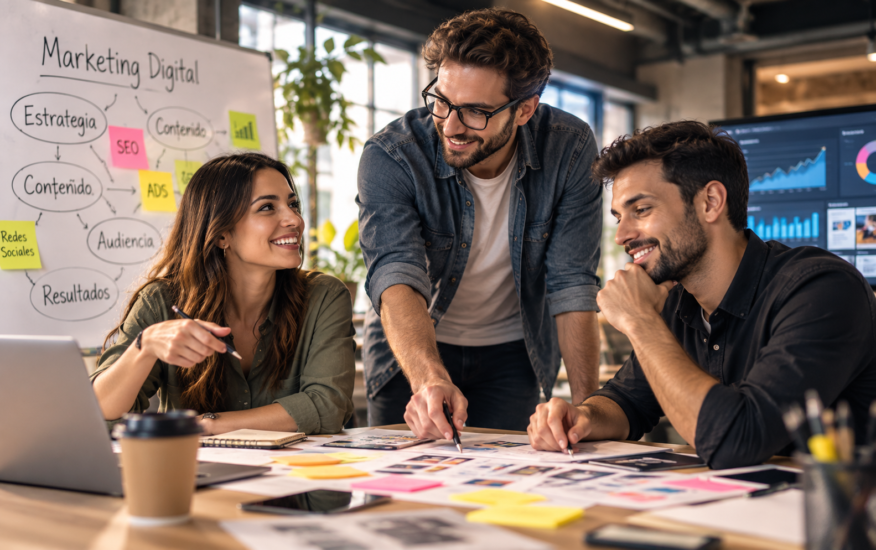 Equipo de Surikata revisando una estrategia de marketing digital frente a una pizarra con objetivos y canales