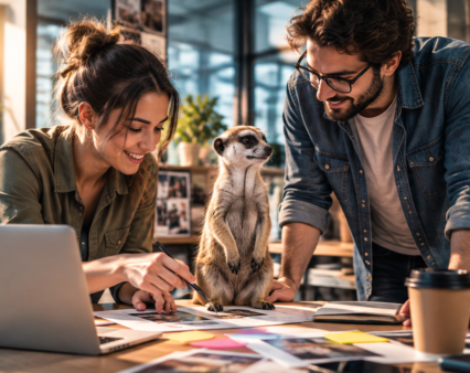 Equipo trabajando junto a una suricata en la planificación de contenido para redes sociales