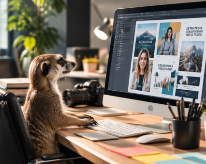 Suricata frente a un computador revisando piezas de una campaña creativa